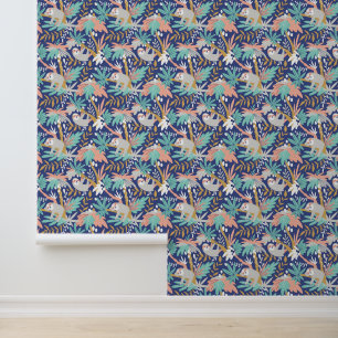 Tropical Blue Sloth Pattern Wallpaper