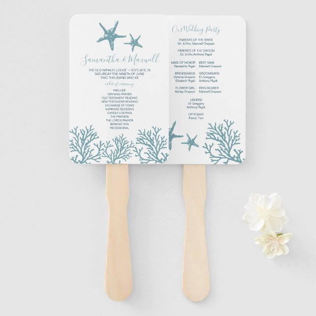 Tropical Blue Starfish Coral Wedding Program Fan (Front and Back)