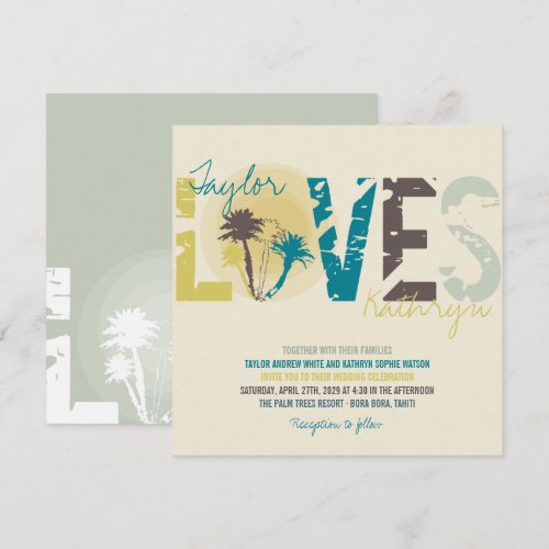 Tropical Blue Sunset Palm Trees Beach Wedding Announcement