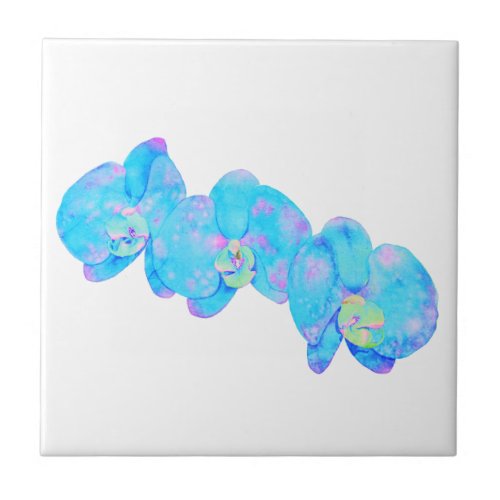Tropical Blue Teal watercolor orchid painting Ceramic Tile