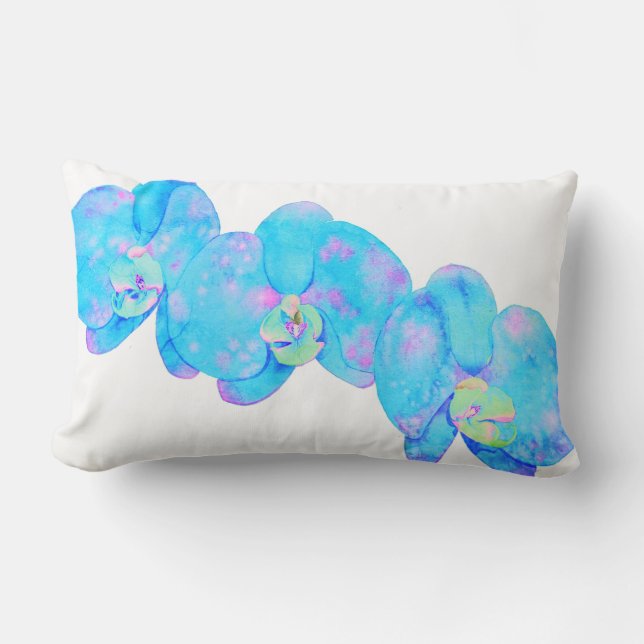 Tropical Blue Teal watercolor orchid painting Lumbar Pillow (Front)