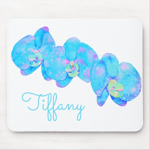 Tropical Blue Teal watercolor orchid painting Mouse Pad