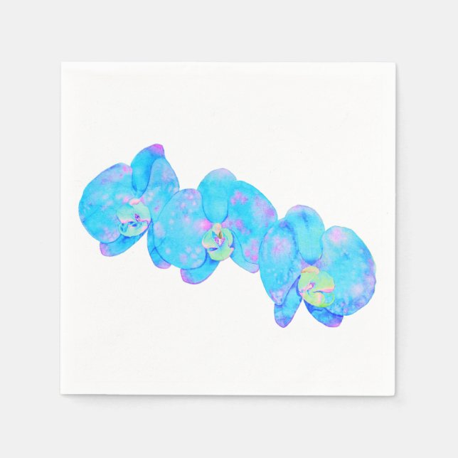 Tropical Blue Teal watercolor orchid painting Napkins (Front)