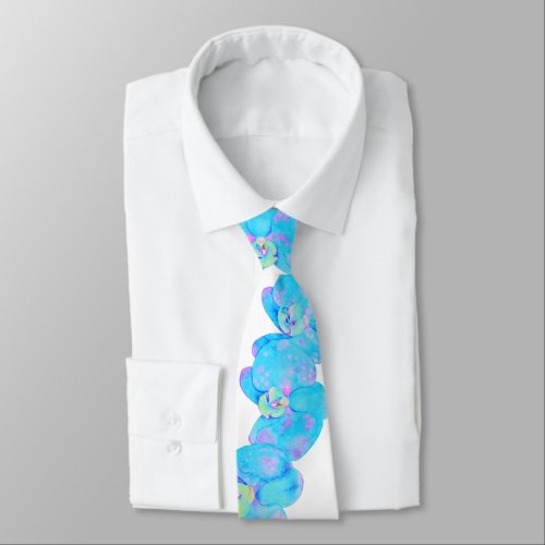 Tropical Blue Teal watercolor orchid painting Neck Tie