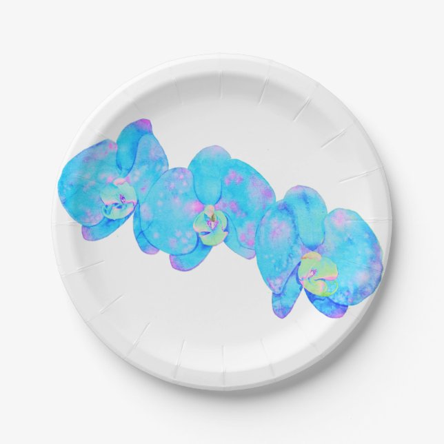 Tropical Blue Teal watercolor orchid painting Paper Plates (Front)