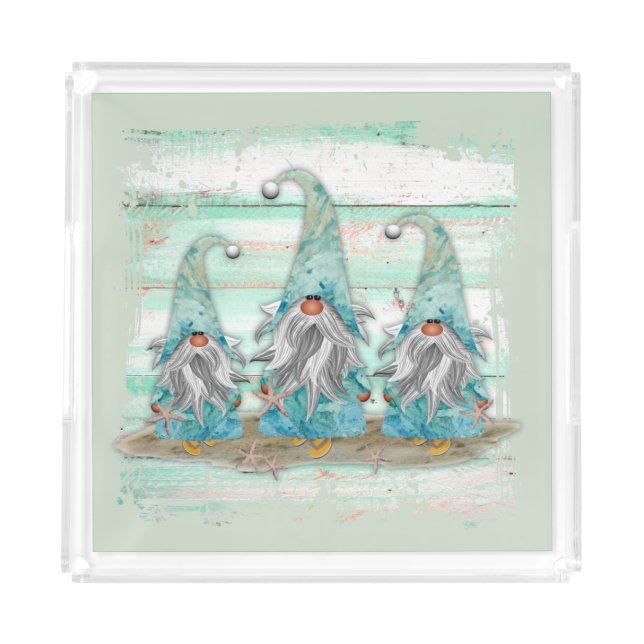 Tropical Blue Watercolor Beach Gnomes Acrylic Tray (Front)