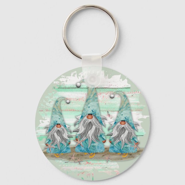 Tropical Blue Watercolor Beach Gnomes Keychain (Front)