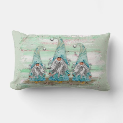 Tropical Blue Watercolor Beach Gnomes Lumbar Pillow