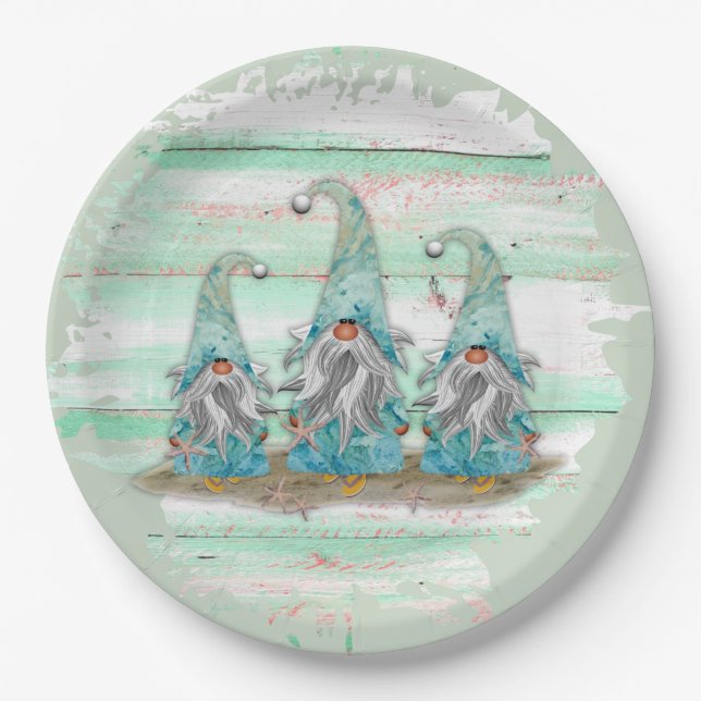 Tropical Blue Watercolor Beach Gnomes Paper Plates (Front)