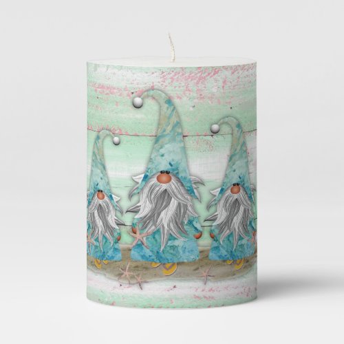Tropical Blue Watercolor Beach Gnomes Pillar Candle