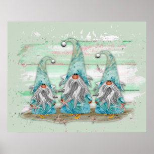 Tropical Blue Watercolor Beach Gnomes Poster