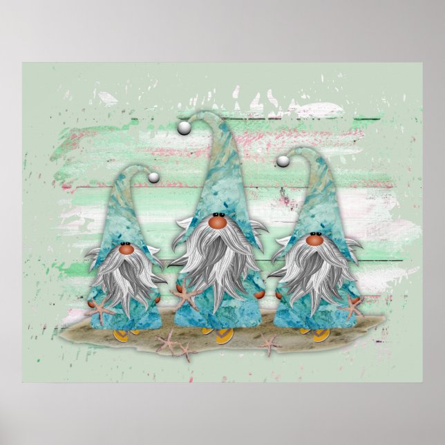 Tropical Blue Watercolor Beach Gnomes Poster (Front)