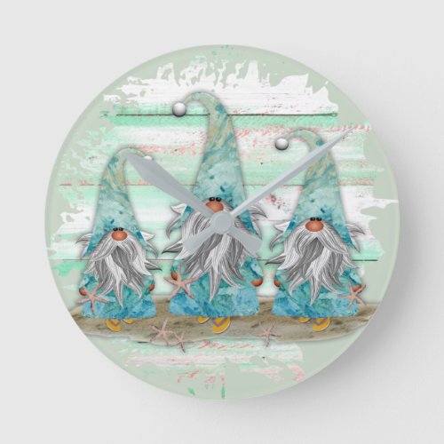 Tropical Blue Watercolor Beach Gnomes Round Clock