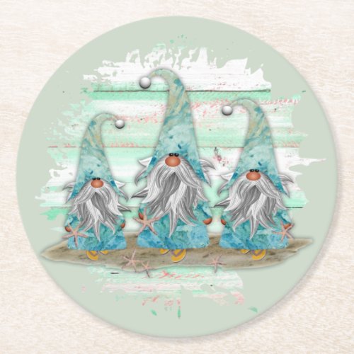 Tropical Blue Watercolor Beach Gnomes Round Paper Coaster