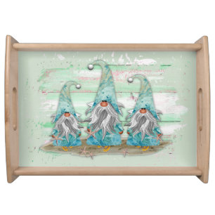 Tropical Blue Watercolor Beach Gnomes Serving Tray