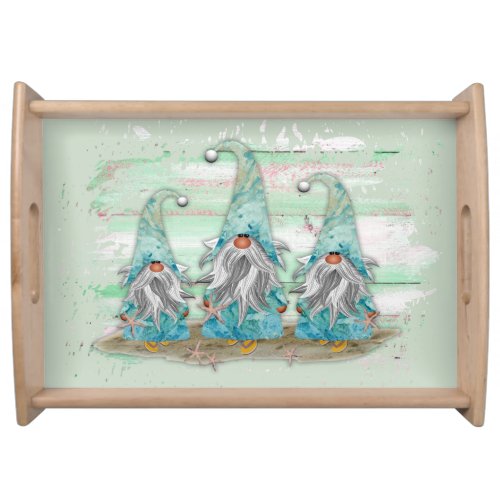 Tropical Blue Watercolor Beach Gnomes Serving Tray