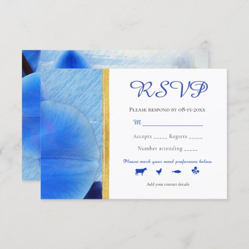 Tropical Blue Watercolor Orchids Gold Line Wedding RSVP Card