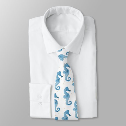 Tropical Blue Watercolor Seahorse Pattern Neck Tie