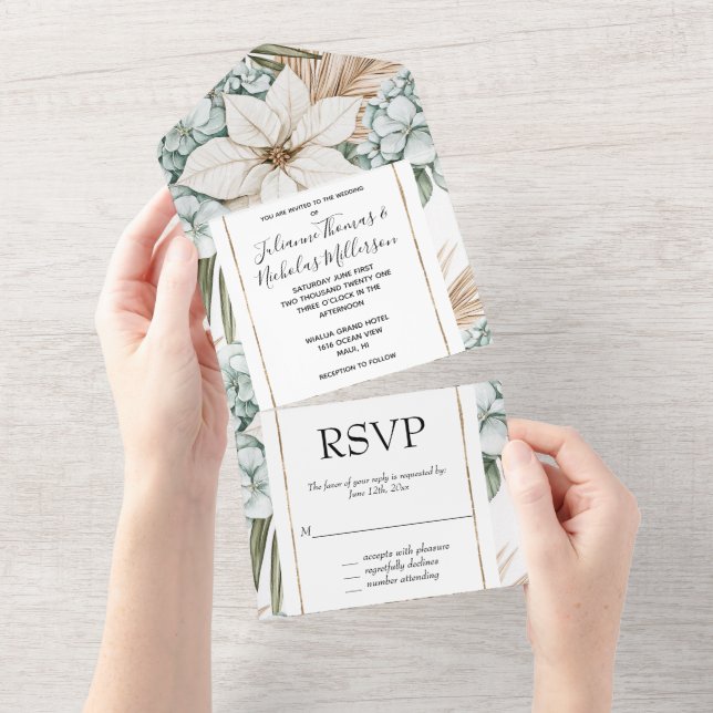 Tropical Blue White Floral Wedding All In One Invitation (Tearaway)