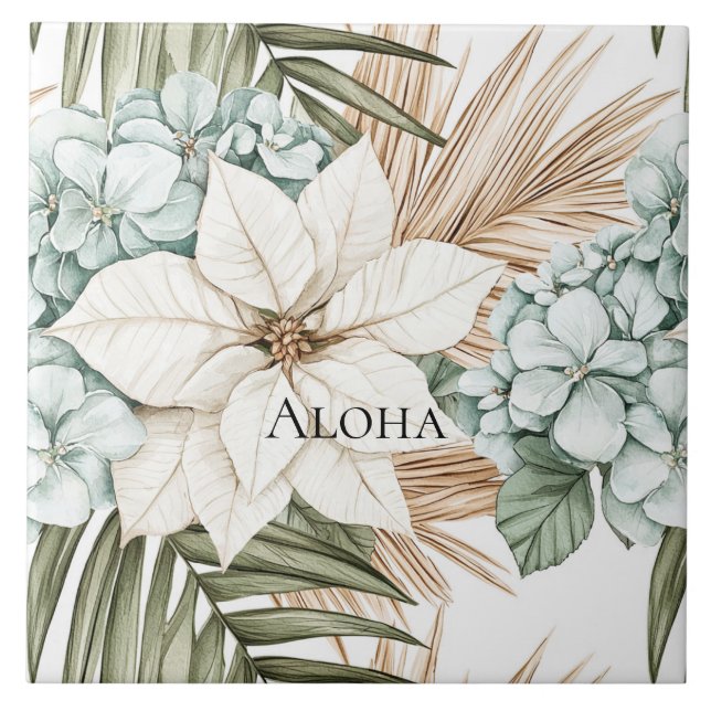 Tropical Blue White Flowers Wedding Ceramic Tile (Front)