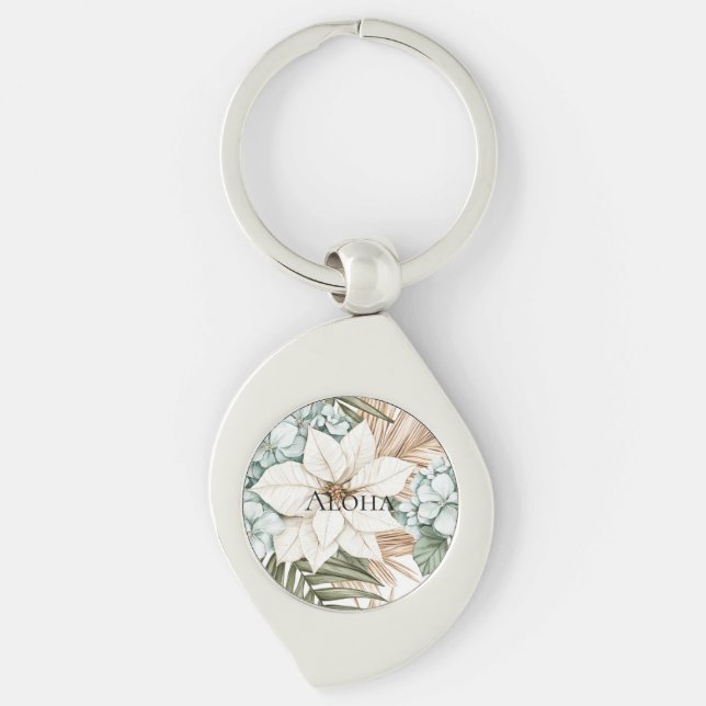 Tropical Blue White Flowers Wedding Keychain (Front)