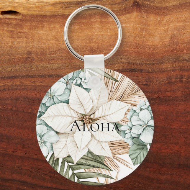 Tropical Blue White Flowers Wedding Keychain (Front)