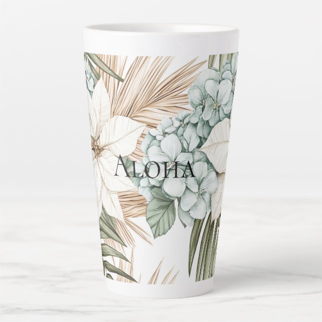 Tropical Blue White Flowers Wedding Latte Mug (Front)