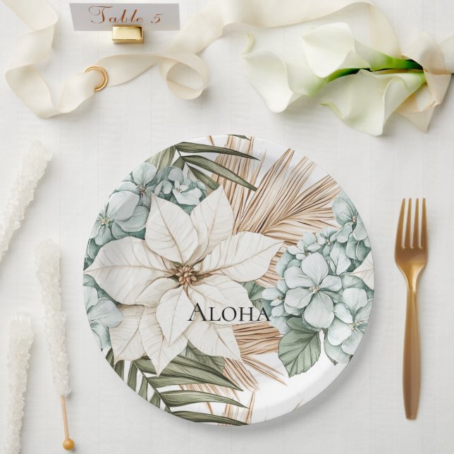 Tropical Blue White Flowers Wedding Paper Plates (Wedding)