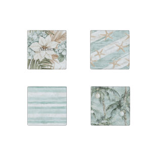 Tropical Blue White Flowers Wedding Stone Magnet