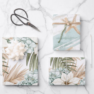 Tropical Blue White Flowers Wedding Wrapping Paper Sheets