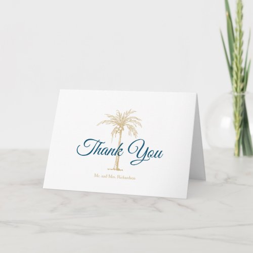 Tropical Blue White Gold Palm Tree Wedding Photo Thank You Card