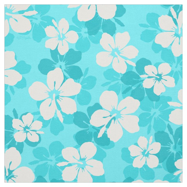 Tropical Blue White Hibiscus Flower Pattern Fabric (Swatch)
