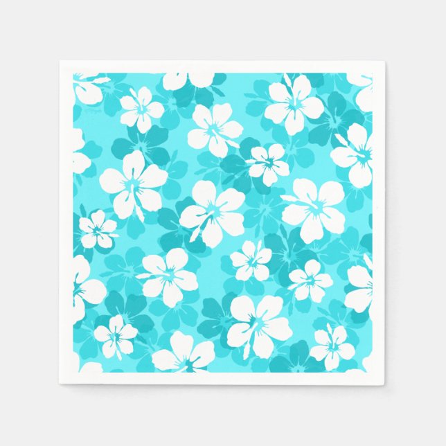 Tropical Blue White Hibiscus Flowers Pattern Napkins (Front)