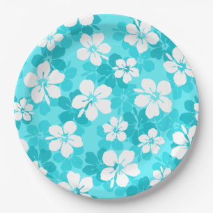 Tropical Blue White Hibiscus Flowers Pattern Paper Plates