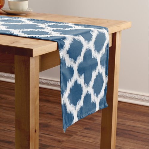 Tropical Blue White Ikat Quatrefoil Art Pattern Short Table Runner