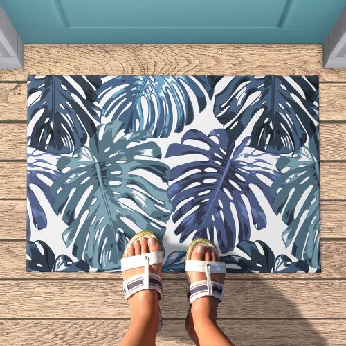 Tropical Blue White Monstera Leaves Pattern Doormat