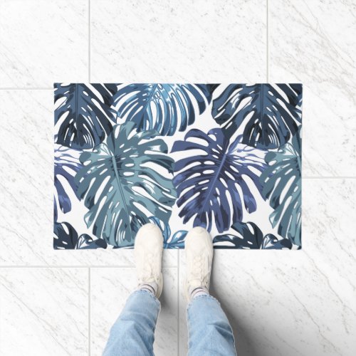 Tropical Blue White Monstera Leaves Pattern Doormat