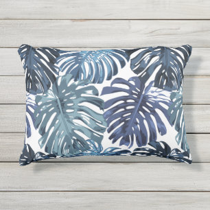 Tropical Blue White Monstera Leaves Pattern Outdoor Pillow