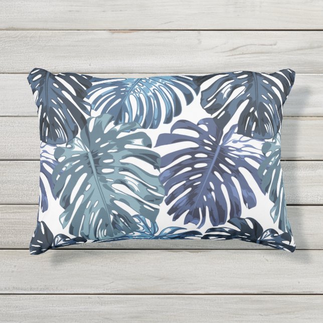 Tropical Blue White Monstera Leaves Pattern Outdoor Pillow (Front)