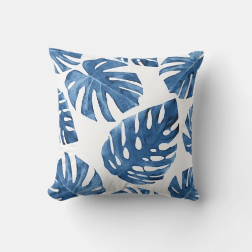 Tropical Blue White Palm Leaves Outdoor Pillow