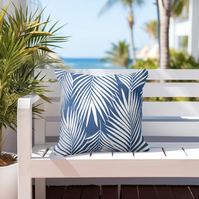 Tropical Blue White Palm Leaves Outdoor Pillow (Creator Uploaded)