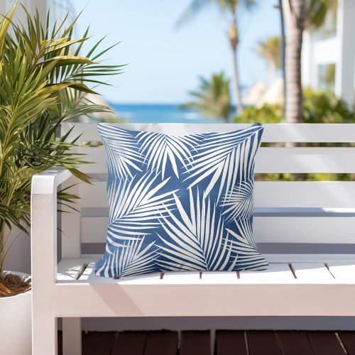 Tropical Blue White Palm Leaves Outdoor Pillow