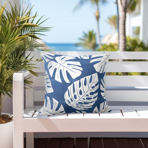 Tropical Blue White Palm Leaves Outdoor Pillow