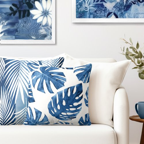 Tropical Blue White Palm Leaves Throw Pillow