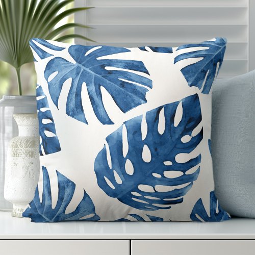 Tropical Blue White Palm Leaves Throw Pillow