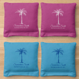 Tropical Blue White Palm Tree Personalized Cornhole Bags