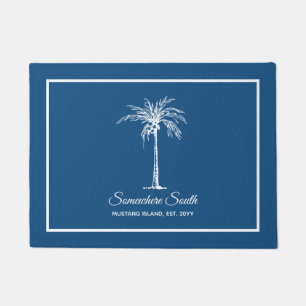 Tropical Blue White Palm Tree Personalized Doormat