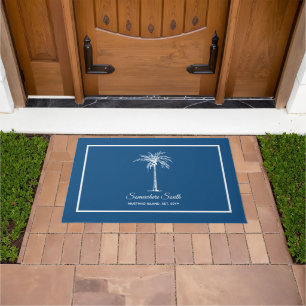 Tropical Blue White Palm Tree Personalized Doormat