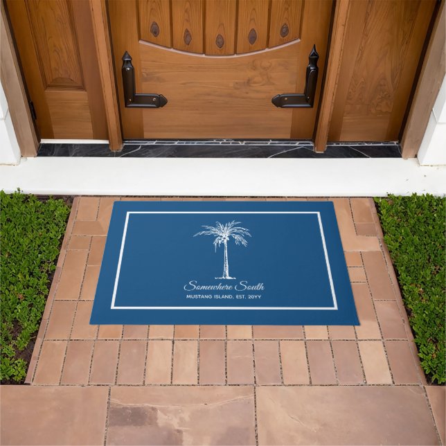 Tropical Blue White Palm Tree Personalized Doormat (Outdoor)