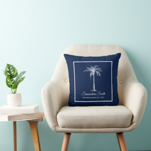 Tropical Blue White Palm Tree Personalized Throw Pillow
